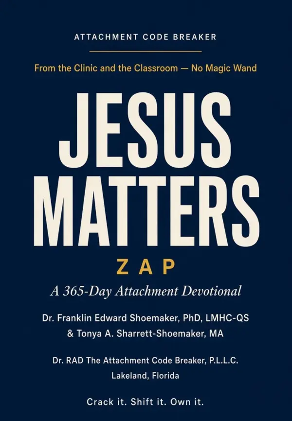 Front cover of Jesus Matters ZAP, A 365-Day Attachment Devotional, in cream and gold lettering on deep navy