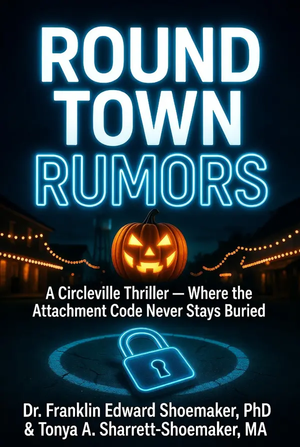 Front cover of Round Town Rumors: neon-blue title over a glowing jack-o’-lantern and a padlock on a circular road