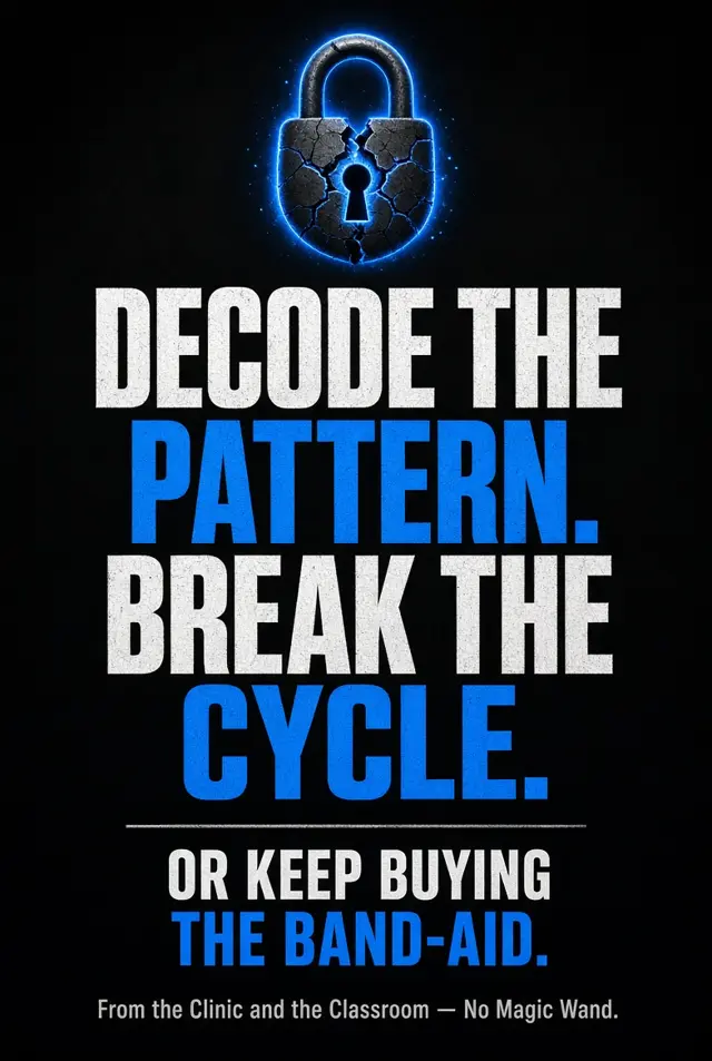 Poster: a cracked padlock glowing blue above the words Decode the pattern. Break the cycle. Or keep buying the band-aid.