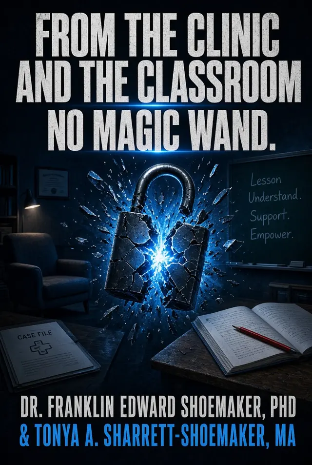 Poster: From the Clinic and the Classroom, No Magic Wand — a padlock bursts apart between a therapy office and a classroom chalkboard reading Lesson, Understand, Support, Empower.