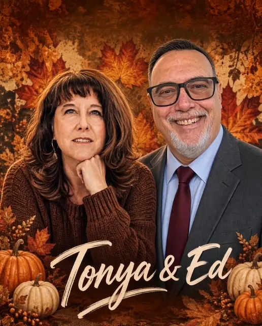Tonya Sharrett-Shoemaker and Dr. Ed Shoemaker smiling together against a backdrop of autumn leaves